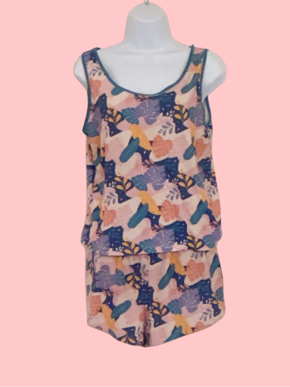 POP Fit Pajama Set Tropical Leaf Tank Top and Sleep Shorts with Pockets Large